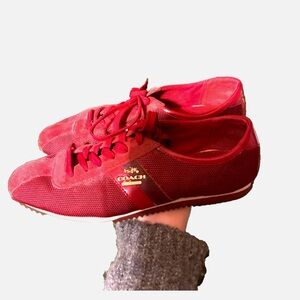 Coach Ivy low-top fashion sneakers in true red heavy nylon and split suede